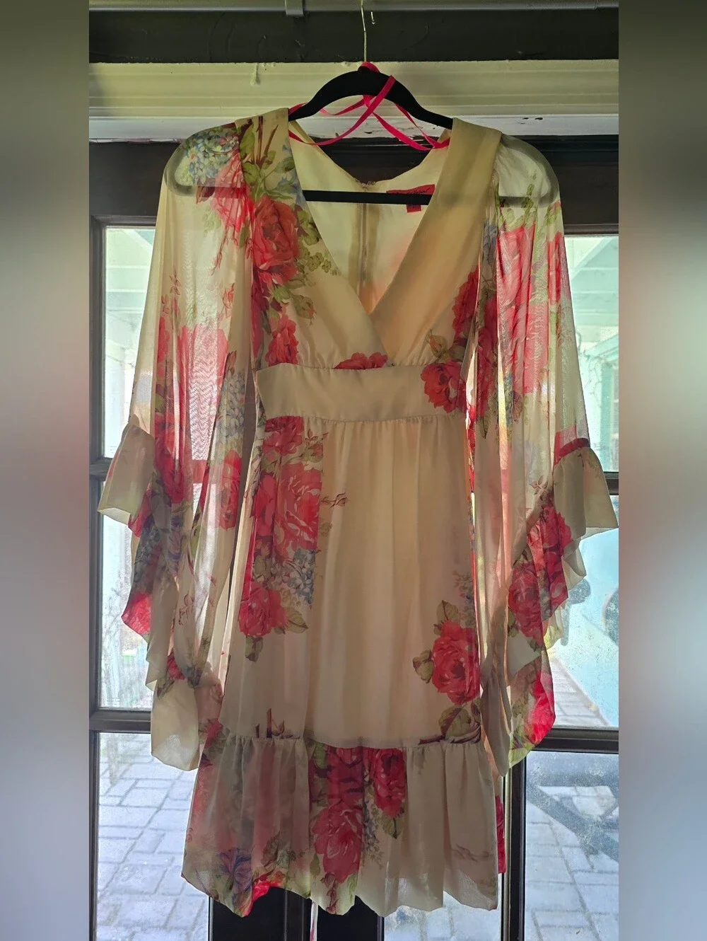 Betsey Johnson Cream Floral Long Sleeve Chiffon Mini Dress - Picture 1 of 4